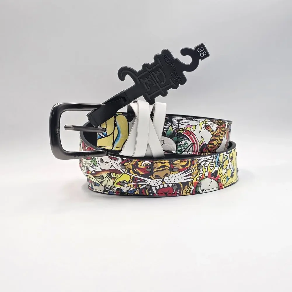 Ed Hardy Men's Size 38 Belt Multicolor Tiger Panther Skull Metal Studs New